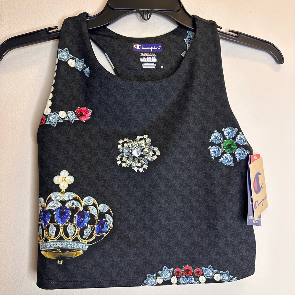 NWT! CHAMPION Women's Crown Printed Crop Top  Black/ Multicolor Size XS